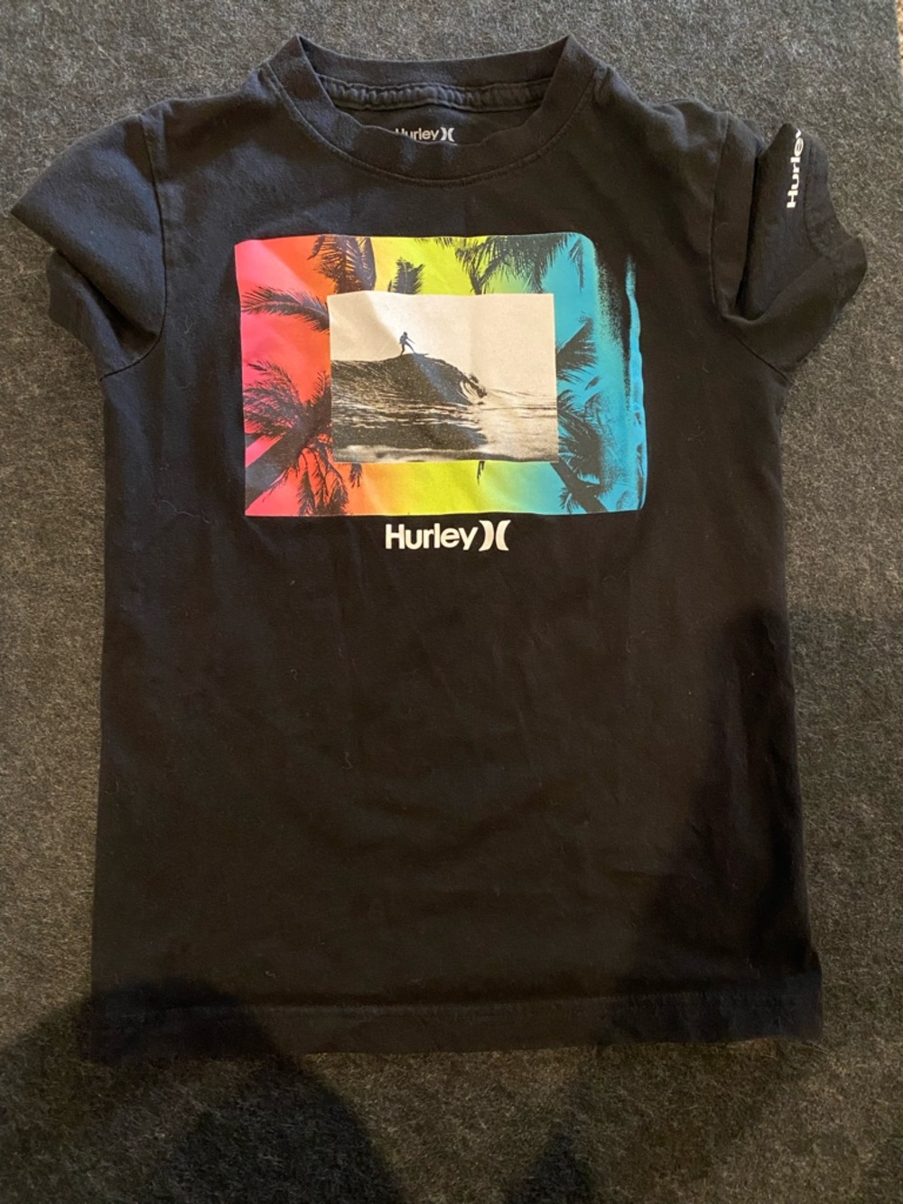 Hurley Black Kids Short-Sleeve Tee with Rainbow Surf Graphic